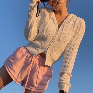 Plain Hood Cable Knit Zip Cardigan White