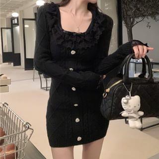 Long-Sleeve Scoop Neck Plain Lace Trim Knit Mini Sheath Dress Black