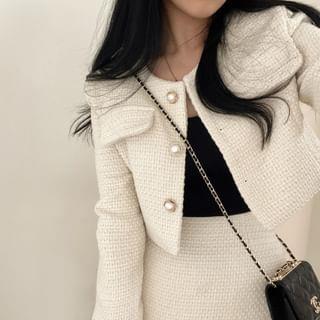 Tweed Faux Pearl Button-Up Jacket High Waist Mini A-Line Skirt Jacket - Off-White