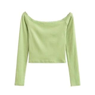 Long Sleeve Off-Shoulder Lace-Trim Plain Slim-Fit Crop Top Green
