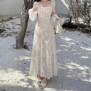 Long-Sleeve Square Neck Lace Midi A-Line Corset Dress White