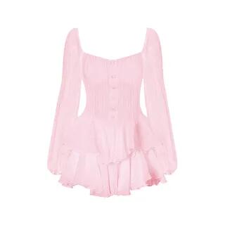 Puff-Sleeve Sweetheart-Neckline Plain Mini A-Line Layered Dress Padded - Pink