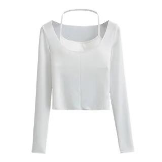 Set: Long-Sleeve Scoop Neck Plain Crop Slim Fit Tee + Halter Bra Top Set Of - Halter Bra Top & Shirt - White