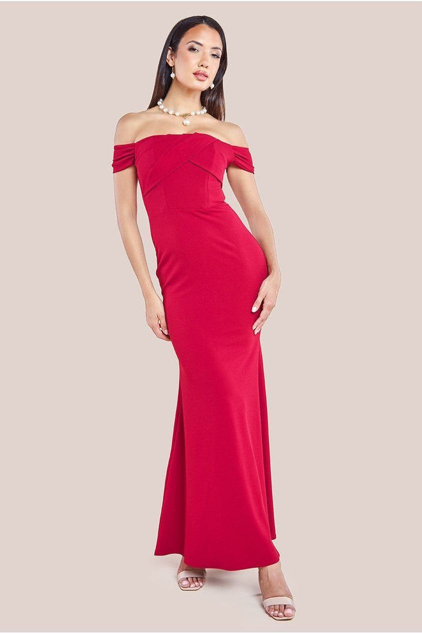 Goddiva Pleated Bardot Scuba Maxi Dress