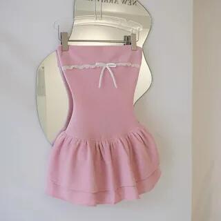 Sleeveless Lace Panel Plain Slim-Fit Mini Layered Dress Pink