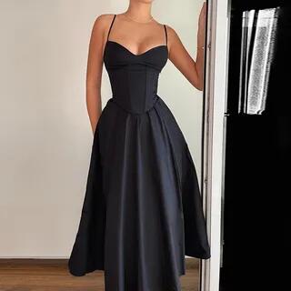 Spaghetti Strap V-Neck Plain Open-Back Slim-Fit Maxi A-Line Dress Black