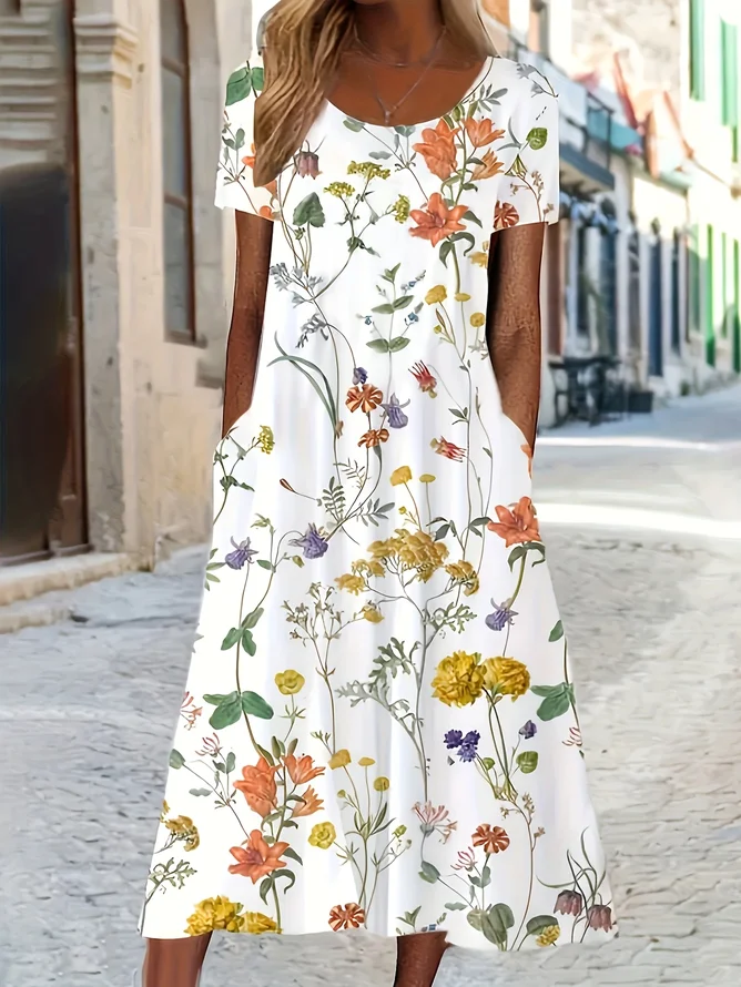 Women Casual Floral Summer Natural Micro-Elasticity Short Sleeve Crew Neck Shift Dress No Dresses
