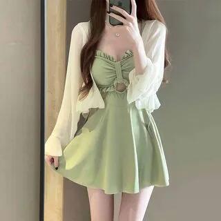 Set: Spaghetti Strap Plain Ruffle Cutout Swim Dress + Cover Up Light Green