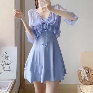 Set: Spaghetti Strap Plain Swim Dress + Cover Up Set Of - Spaghetti Strap Swim Dress & Cover Up - Blue