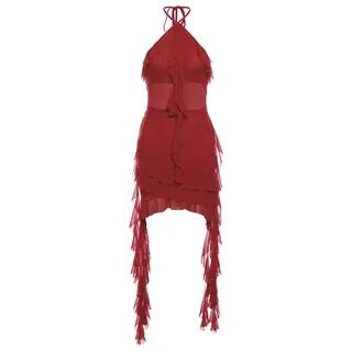 Halter Neck Plain Asymmetrical Mesh Panel Ruffle Trim Open Back Mini Bodycon Dress Red