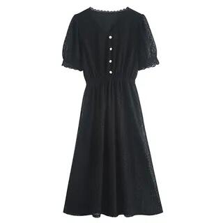 Puff-Sleeve Lace Midi A-Line Dress Black