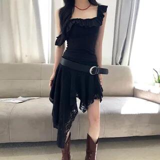 Square-Neck Ruffled-Trim Plain Slim-Fit Crop Tank Top Low Waist Lace See-Through Asymmetric-Hem Mini Skirt Top - Black