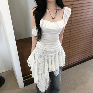 Square-Neck Ruffled-Trim Plain Slim-Fit Crop Tank Top Low Waist Lace See-Through Asymmetric-Hem Mini Skirt Top - White
