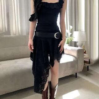 Square-Neck Ruffled-Trim Plain Slim-Fit Crop Tank Top Low Waist Lace See-Through Asymmetric-Hem Mini Skirt Skirt - Black