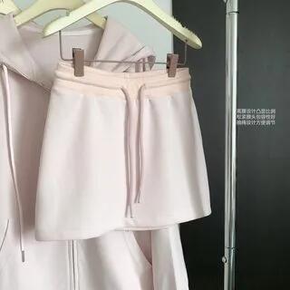 Henley Plain Lace Trim Ribbed Crop Camisole Top Drawstring Waist Mini A-Line Skirt Zip-Up Hoodie Skirt - Pink