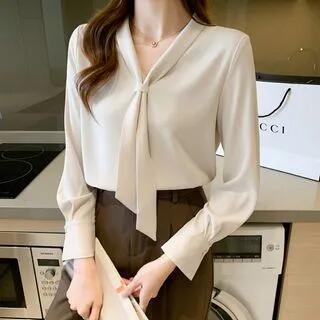 Long-Sleeve Scarf Collar Plain Blouse White