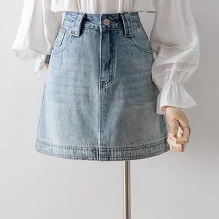 High Rise Washed Denim Mini A-Line Skirt Blue