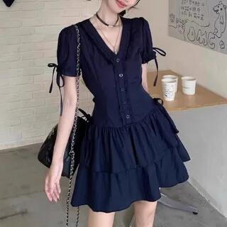 Short Sleeve V-Neck Plain Lace-Trim Slim-Fit Layered Mini Dress Blue