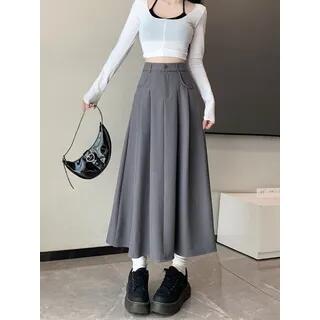 High-Rise Pleated Midi A-Line Skirt Gray