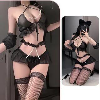 Set: Halter Faux Pearl Strap Tie Front Bralette + Thong + Arm Sleeves Set of - Black