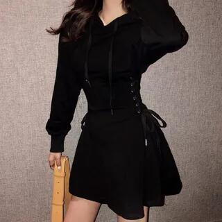 Plain Lace-Up Mini A-Line Dress Black