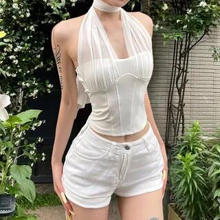 Halter Neck Plain Mesh Panel Corset Top White