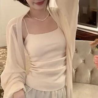 Plain Ruched Camisole Top Midi Open Front Cardigan Elastic Waist Plain Maxi A-Line Skirt Camisole Top - Almond