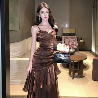 Spaghetti Strap Plain Ruffle Ruched Maxi A-Line Dress Brown