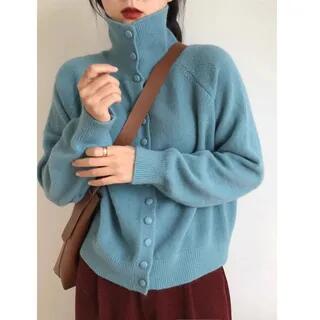 Turtleneck Button-Up Plain Cardigan Aqua Blue