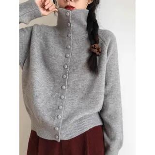 Turtleneck Button-Up Plain Cardigan Light Gray