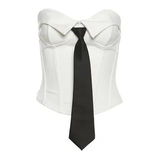 Tie Front Plain Crop Corset Top High Waist Wide Leg Dress Pants - Top - White