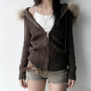 Long Sleeve Plain Cable-Knit Fluffy Hooded Zip-Up Cardigan Gray