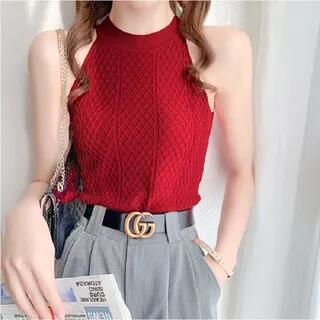 Halter Neck Plain Slim Fit Crop Knit Top Maroon