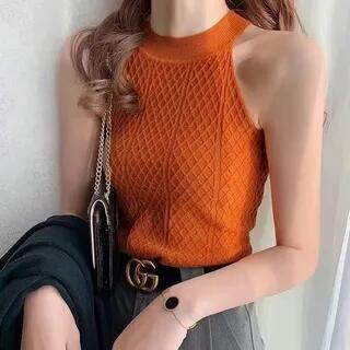 Halter Neck Plain Slim Fit Crop Knit Top Khaki