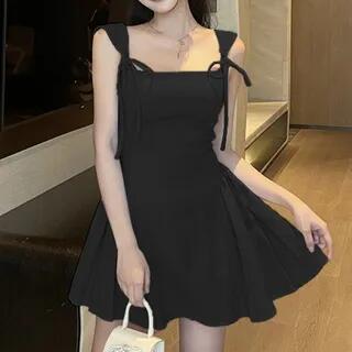Spaghetti Strap Square Neck Plain Ruffle Hem Mini A-Line Dress Black