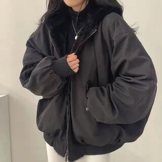 Hooded Plain Fleece Lined Zip Jacket Reversible - Thicken - Black