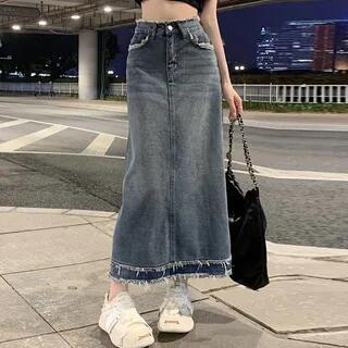 High Rise Denim Midi Skirt Blue