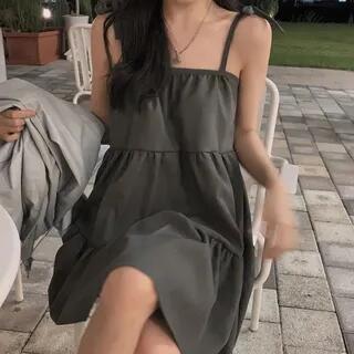 Tie Shoulder Plain Tiered Mini A-Line Dress Gray