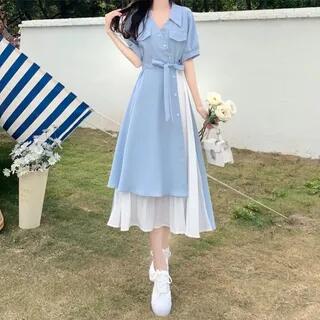 Short-Sleeve Collared Midi A-Line Dress Sky Blue