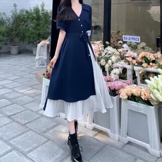 Short-Sleeve Collared Midi A-Line Dress Navy Blue