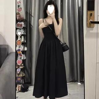 Spaghetti Strap Pleated A-Line Midi Dress Black -