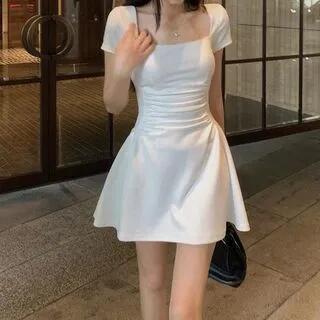 Short-Sleeve Square Neck Plain Ruched Mini A-Line Dress White