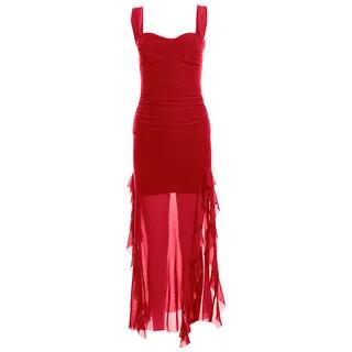 Sleeveless Square-Neck Plain Ruched Mesh Slit Midi Dress Red