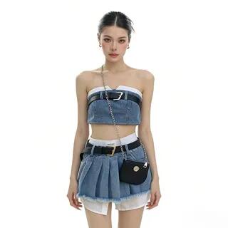Washed Belted Panel Crop Denim Tube Top High Waist Pleated Belted Fray Mini A-Line Skirt Tube Top - With Belt - Denim Light Blue