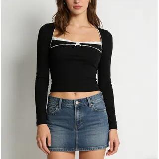 Long Short Sleeve Square-Neck Lace-Trim Slim-Fit Crop Top Short Sleeve - Black