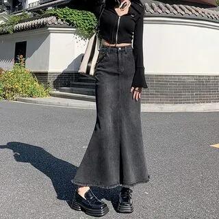 High Waist Washed Fray Hem Maxi Mermaid Denim Skirt Black Grey