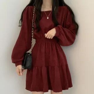 Balloon-Sleeve Square Neck Plain Mini A-Line Dress Wine Red -