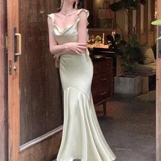 Sleeveless Cowl Neck Plain Ruffle Satin Maxi Mermaid Dress Light Grayish Blue