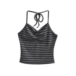 Halter Neck Striped Ruched Open Back Crop Top Hot Pants Top - Stripes - Dark Gray