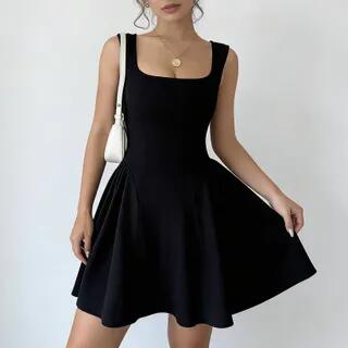 Sleeveless Square Neck Plain A-Line Dress Black